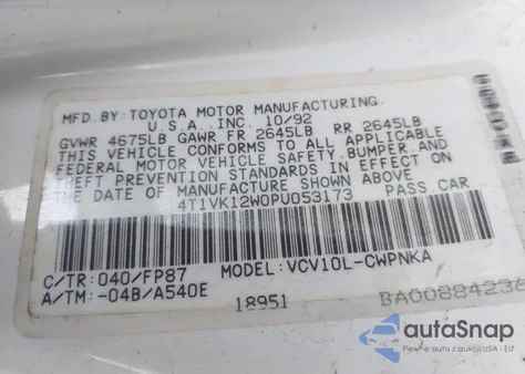 1993 Toyota Camry Le z USA, uszkodzony, nr VIN 4T1VK12W0PU053173